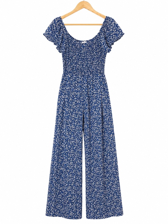 Millibon Pants - Millibon Blue Floral Wide Leg Jumpsuit Romper Size Medium Boho Smocked Bodice
